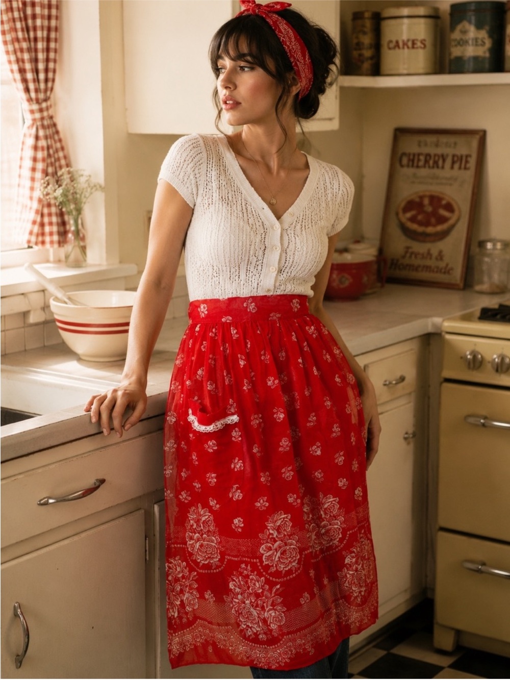 Vintage 60s Red White Floral Long Apron Sheer